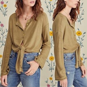 Free People Women’s Emma’s Henley Tie Front Boho Crop Top In Dirty Martini Large